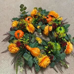 Vibrant Fall Wreath with Pumpkins and Flowers